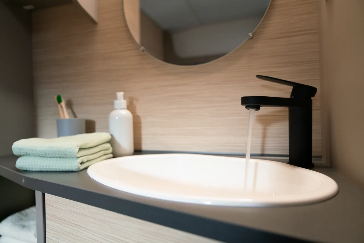 weißes ovales Waschbecken mit schwarzem Designer-Wasserhahn für kleine Wohnwagen mit WC